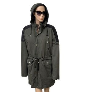 X-FEEL Olive Green Hooded Utility Jacket XL Military Style Fox Leather Unisex